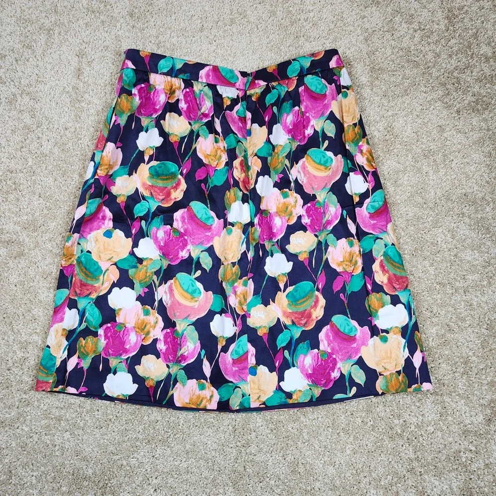 J.Crew Skirt Floral Pink Green Navy Cotton Stretch‎ A-Line 10